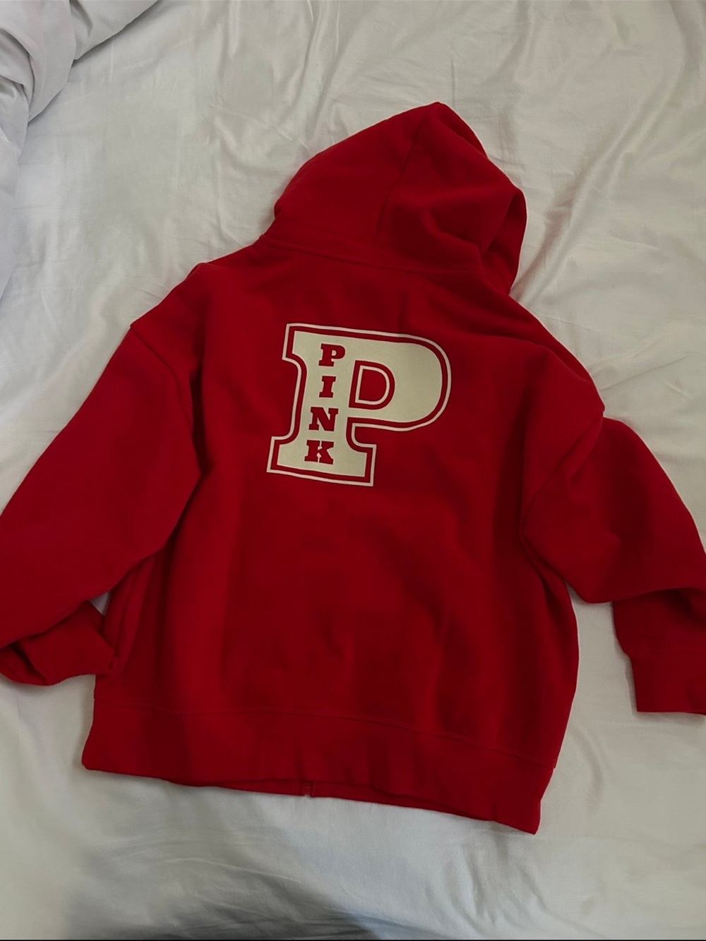 PINK Victoria's Secret Red zip-up hoodie with cream varsity 'P' logo